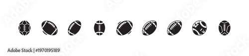 Assortment of american football and soccer ball icons representing different sports equipment in black monochrome