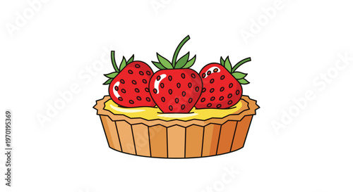 A delicious fruit tart features a crisp golden pastry shell filled with smooth yellow custard and topped with three vibrant red whole strawberries.