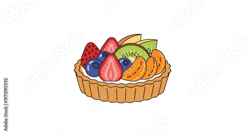 An artisanal fruit tart is meticulously decorated with fresh slices of kiwi, vibrant strawberries, plump blueberries, and juicy orange segments on creamy filling.
