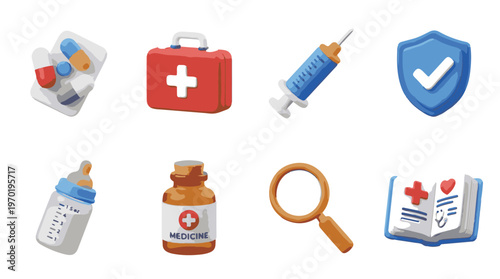 Stylized 3D Healthcare Icons Featuring Blister Pack Syringe and Medical Kit