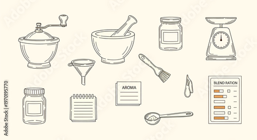 Hand drawn coffee grinder and brewing equipment sketches isolated on transparent background