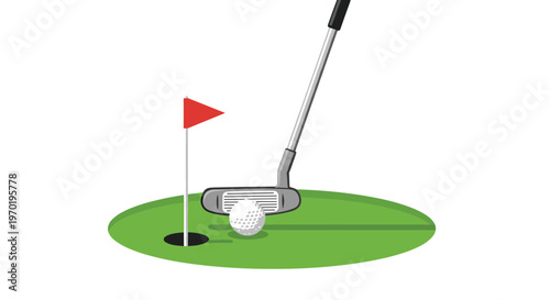 A silver golf putter carefully aligns with a white ball on a circular green towards a hole marked by a bright red flag on a thin pole in a sunny setting.