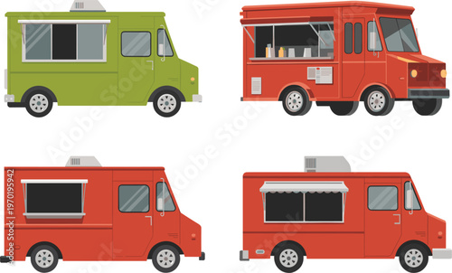 Food truck set collection, street vendor vans vector illustration colorful mobile kitchen isolated fast food design