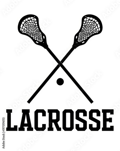 A black and white graphic design featuring two crossed lacrosse sticks and a ball underneath. isolated on white background