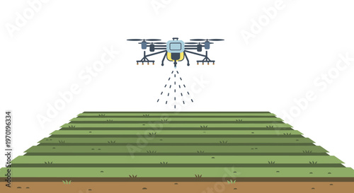 An advanced agricultural hexacopter drone sprays liquid fertilizer over a vast green field of organized crops under a bright and clear white sky today.