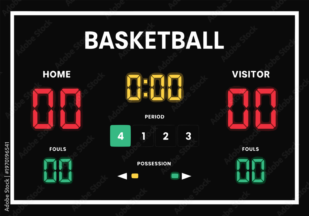 Fototapeta premium Realistic Basketball Stadium Scoreboard Panel with Digital Display and Professional Arena Lighting. Modern Sports Interface Concept for Game Presentation and Broadcast Graphics.