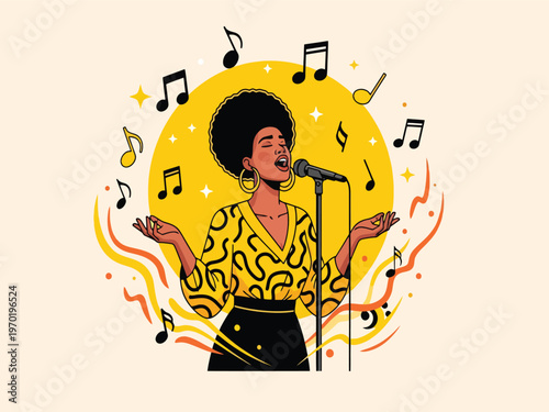 Soulful Black woman singing into a microphone, vibrant retro music performance, expressive female vocalist with afro hair, dynamic musical notes vector illustration
