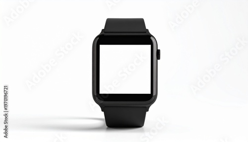 Black smartwatch with blank screen isolated on white background, wearable device mockup for app interface and digital design
