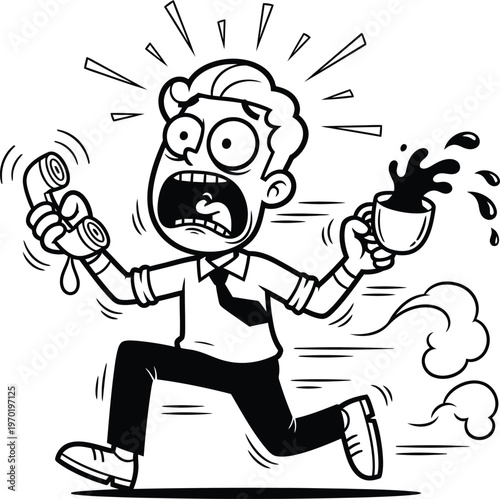 Stressed businessman cartoon vector, overwhelmed office worker running with spilled coffee and ringing phone, black and white line art illustration for workplace stress and busy professional life