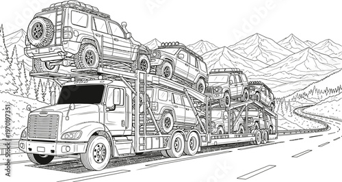 Semi truck car hauler transporting suv vehicles on mountain road coloring book page style