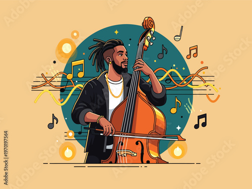 Jazz musician playing upright bass, soulful music performance, vibrant vector illustration, musical notes and rhythm, creative art for entertainment and culture