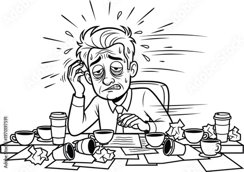 Overworked businessman vector illustration, stressed office worker with messy desk, exhausted employee with coffee cups and crumpled papers, burnout concept for corporate fatigue