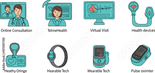 Telehealth and digital healthcare technology line icon set featuring online consultation wearable devices virtual visits and medical monitoring