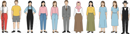 Vector illustration of diverse people in casual and formal clothing styles representing individuality and cultural differences