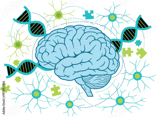 Vector illustration of human brain with neurons, DNA strands, and puzzle pieces representing genetics and neural connections