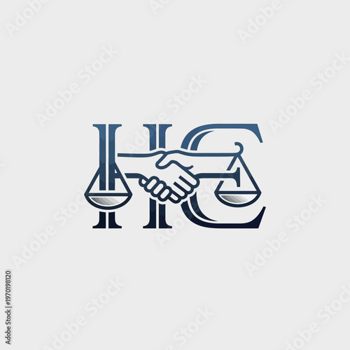 Initial letters HC legal partnership logo design with handshake and scales of justice, symbolizing agreement and fair balance in bright studio.