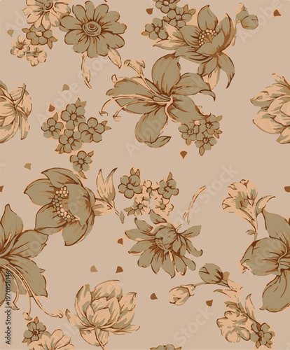 Big flowers pattern, upscale floral pattern. graphical textures floral, trendy colors pattern , flowers background with leaves. vector illustration.