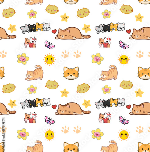 cartoonish kitten themed seamless pattern design featuring various poses of cats and stars.