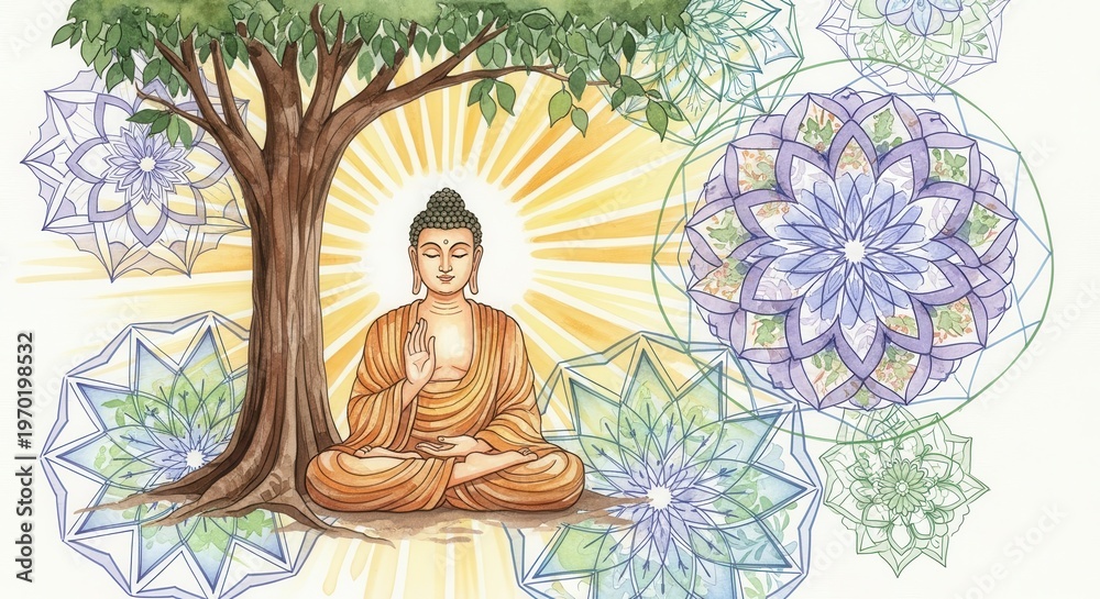 Fototapeta premium Meditating figure sits in a peaceful pose beneath a lush tree surrounded by colorful geometric patterns.
