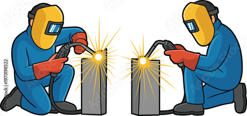 Welding workers illustration, industrial laborers with protective gear vector cartoon isolated construction metalwork repair concept