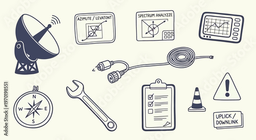 Hand drawn collection of technological and industrial elements isolated on transparent background