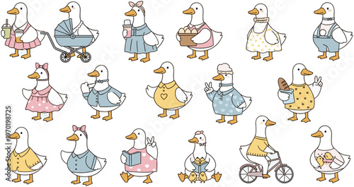 Cute Duck Sticker Pack Kawaii Duck Character Set Daily Life Cartoon Collection Vector
