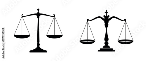 Scales icons black and white set representing law justice balance and legal concepts vector illustrations for court and educational design