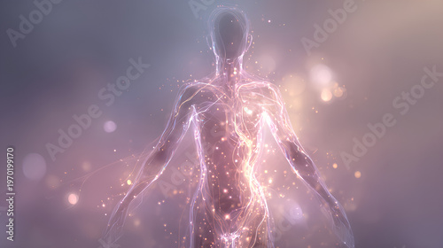 Human body silhouette with flowing light particles and energy streams showcasing internal detox antioxidants anti aging and cellular wellness concept