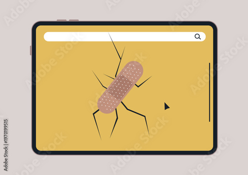 A colorful tablet screen illustrates unique scenarios, featuring a central design of an adhesive bandage on a cracked surface, symbolizing repair and innovation in technology.