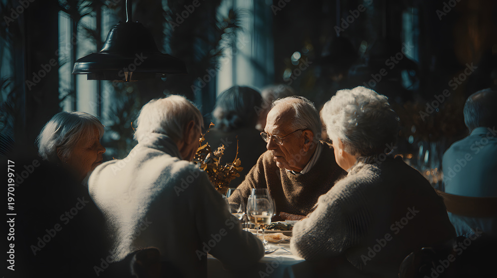 Obraz premium Elderly family dining together in warm restaurant light, sharing conversation and meals with gentle emotion