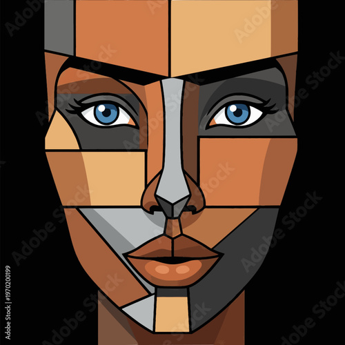 Modern geometric portrait of a woman in abstract cubist style. Clean vector composition with sharp shapes, symmetry and minimalistic design. Warm earthy palette with terracotta, beige, brown and gray 