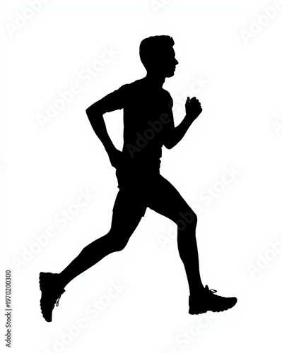A black silhouette of a fit man running fast isolated on a plain white background for design use isolated on white background
