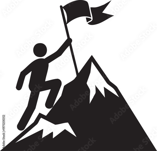 Black silhouette of a person climbing mountain, waving flag, achievement symbol, success icon, motivation vector