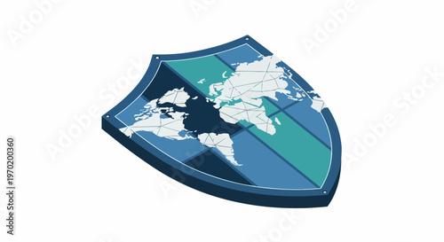 Isometric Global Security Shield with World Map Grid for Cybersecurity and Data Protection Concepts
