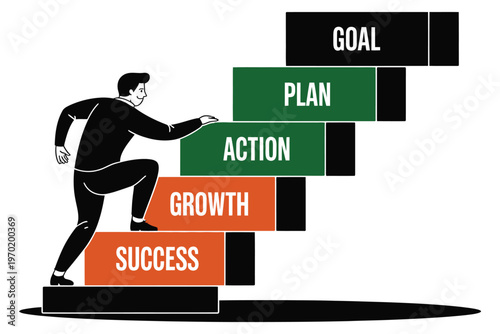 Businessman climbing career ladder to success with goal plan action growth steps business concept person walking up stairs achieve target