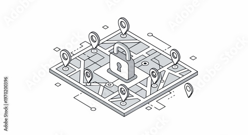 Secure Location Data and Privacy Concept: Isometric Map with Padlock and GPS Pins for Cybersecurity, Geofencing, and Data Protection Theme