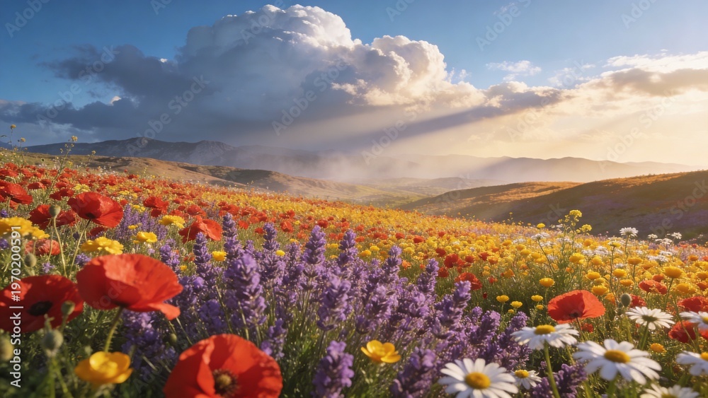 Obraz premium vibrant wildflower field in full bloom with mountains