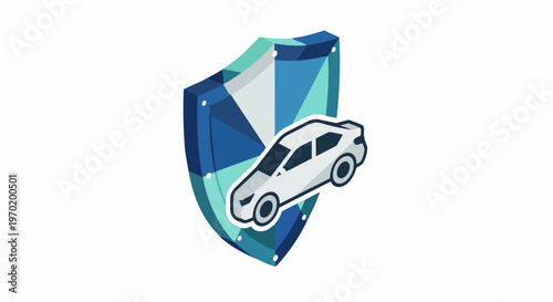 Car Insurance and Vehicle Protection Isometric Icon with Blue Shield on White Background
