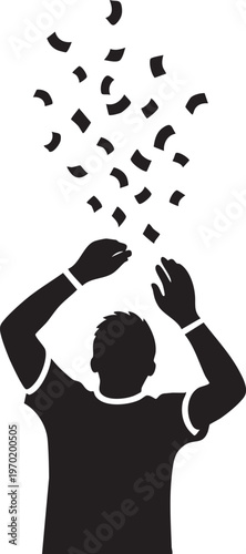 Silhouette of man throwing money, cash flying up, black icon, financial freedom