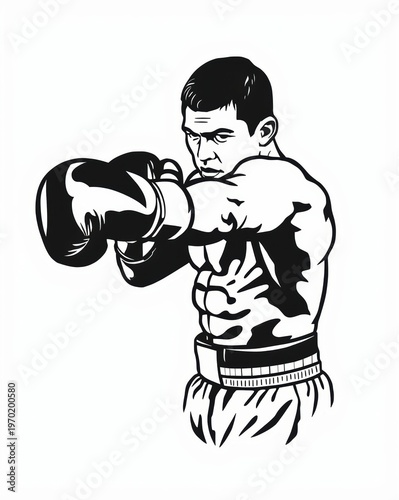 A black and white vector illustration of a determined male boxer throwing a powerful left punch isolated on white background
