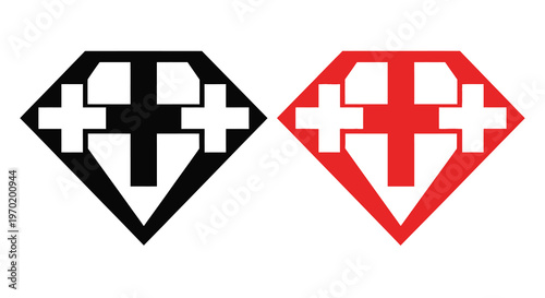 Two diamond shapes with cross patterns black and red silhouette