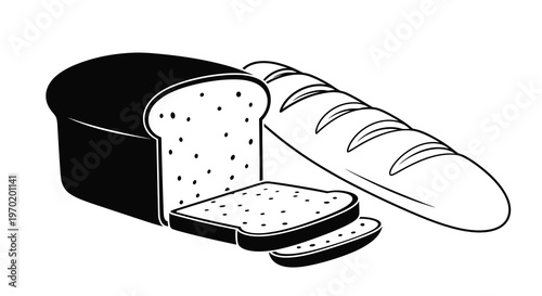 Black and white illustration of bread loaf and slices silhouette