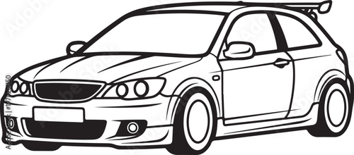 A stylized black and white line art illustration of a sporty hatchback car with a rear spoiler