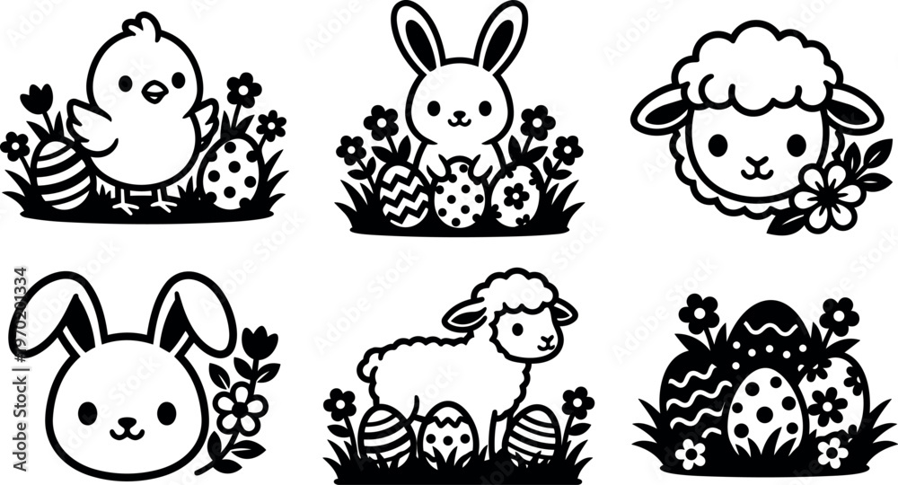 Fototapeta premium Black and white cute easter eggs chick bunny and lamb vector art
