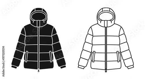 Two quilted puffer jackets presented in a striking black silhouette