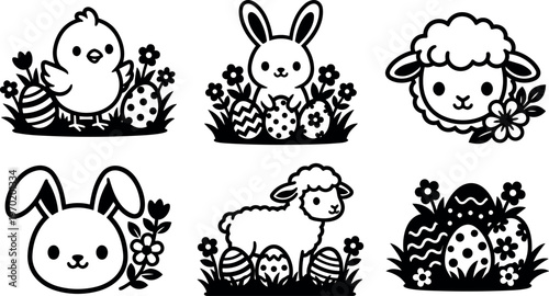 Black and white cute easter eggs chick bunny and lamb vector art