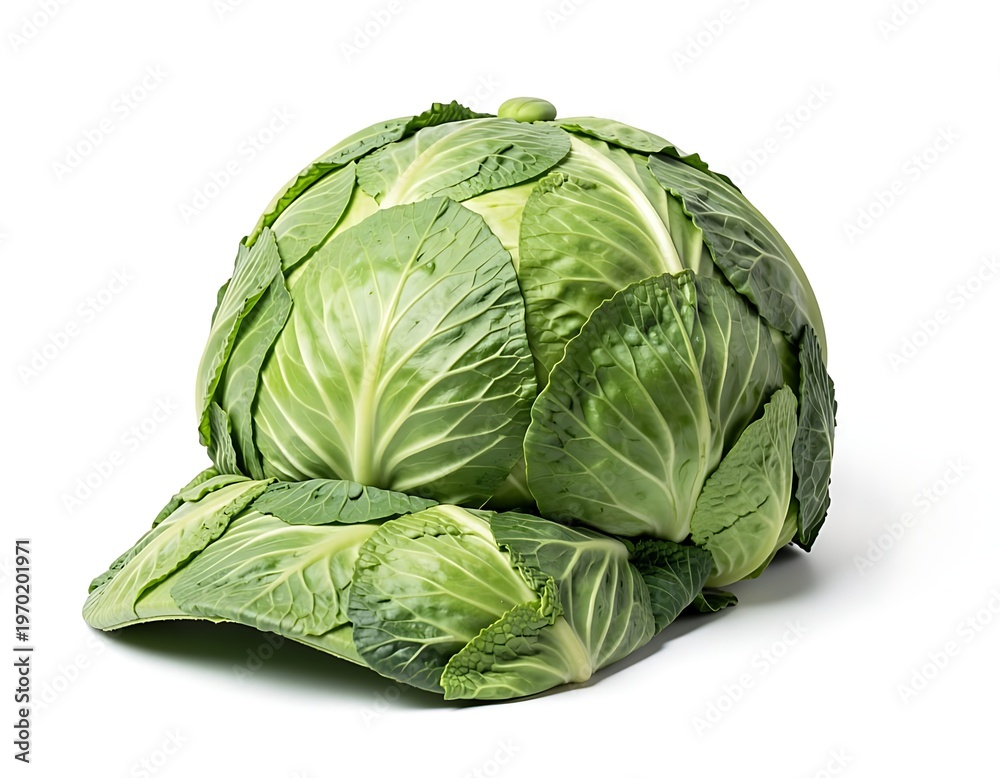 Fototapeta premium Fresh green cabbage isolated on clean background, representing organic food, healthy lifestyle, and natural ingredients. Ideal for nutrition, agriculture, and food concepts. 