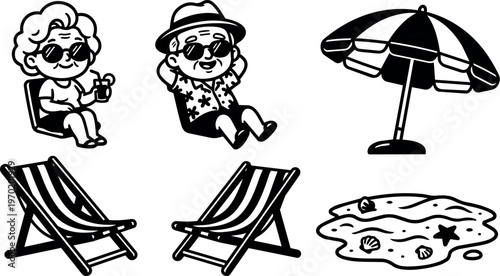 Black and white beach scene with elderly couple relaxing in deck chairs and umbrella