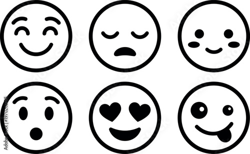 Black and white line art happy sad surprised love and playful smiley faces