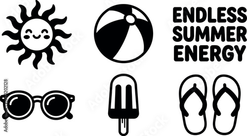 Black and white smiling sun beach ball sunglasses popsicle and flip flops with endless summer energy text